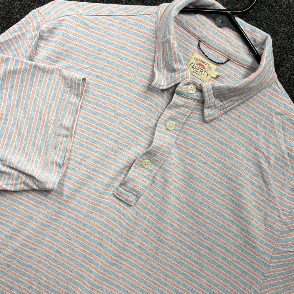 Faherty Mens Medium Stripe Pima Cotton Modal Short Sleeve Polo Shirt Blue Red